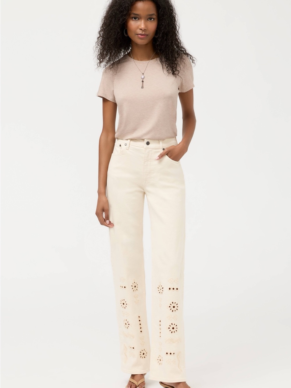 Relaxed Straight Leg Eyelet Hem Jeans